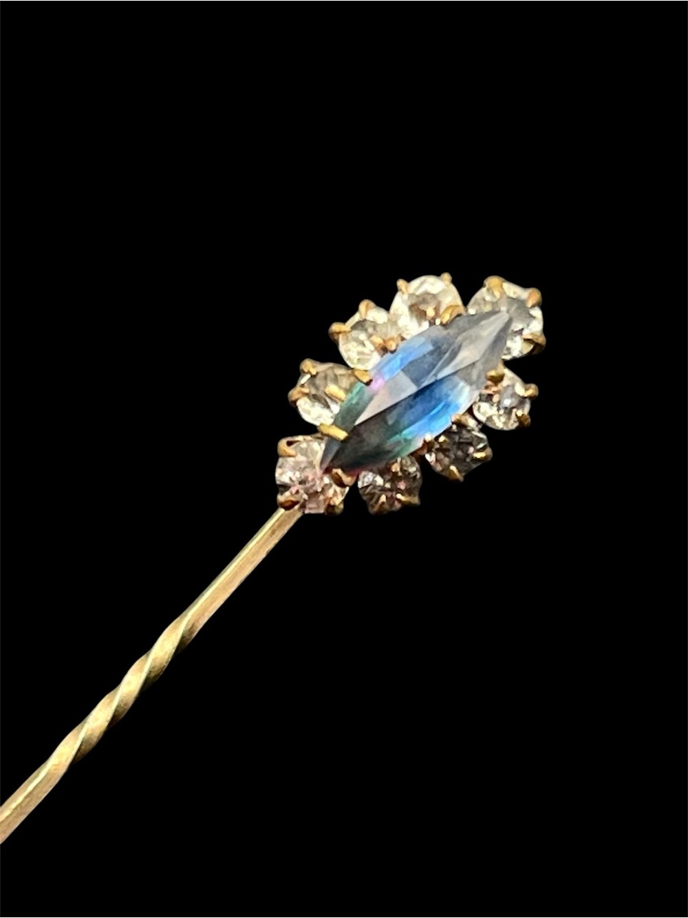 Victorian twisted stem multi colored rhinestone halo stick pin vintage